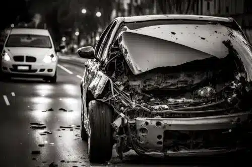 A close up of a smashed car after a rear end collision.