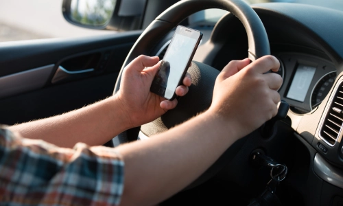 Close-up of a driver holding a smartphone while steering a vehicle, representing a distracted driving accident scenario.