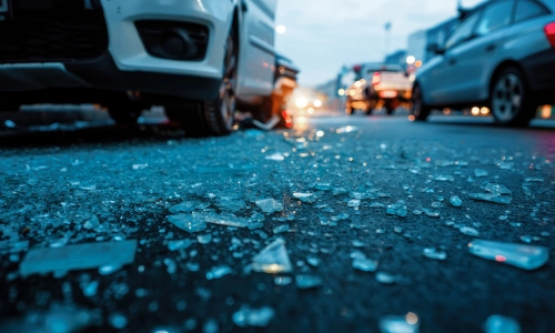 shows the aftermath of a serious accident, with shattered glass on the road and damaged vehicles, which visually supports the theme of a Hit and Run Accident.