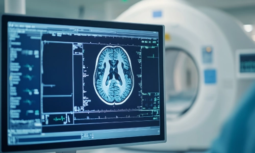 Close-up of a computer screen displaying a brain scan from an MRI machine, used for diagnosing traumatic brain injury.