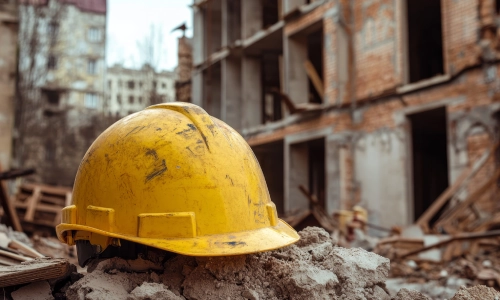 A worn yellow hard hat rests on rubble in front of a damaged building under construction—representing a Construction Accident scene.