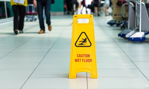 A caution sign with a falling figure icon in the middle of a tiled corridor, indicating a slip and fall accident risk, while travelers walk past in a public space.
