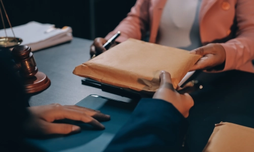 Truck accident legal case concept showing a close-up of two people exchanging a document envelope at a lawyer’s desk, with a gavel and legal files in the background.