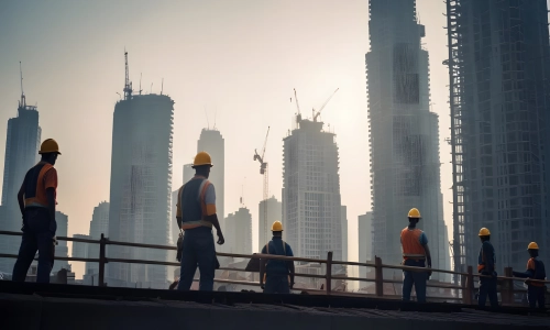 Construction workers in safety gear stand on a high-rise platform surrounded by towering skyscrapers under construction, capturing the risks faced on job sites where Workers' Compensation claims may become necessary.