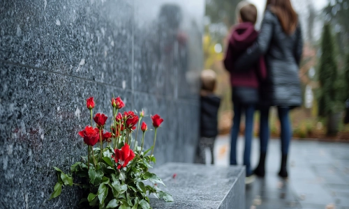 A bouquet of red roses rests against a granite memorial wall, symbolizing remembrance in the midst of grief, with a family in the background mourning a loved one lost to a Wrongful Death.