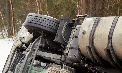 Overturned semi-truck off a snowy road, relevant to a Savannah truck accident lawyer.