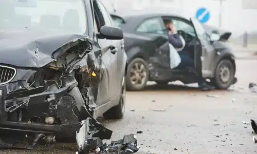 Two heavily damaged cars after a collision, with a driver on the phone near the wreckage—highlighting the aftermath of an uninsured accident.