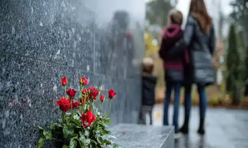 A bouquet of red roses placed at a memorial wall with a grieving family in the background, symbolizing loss and remembrance in a wrongful death case