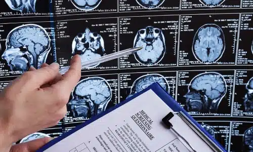 A doctor's hands holding a clipboard and pointing a pen at a patient's brain scans.