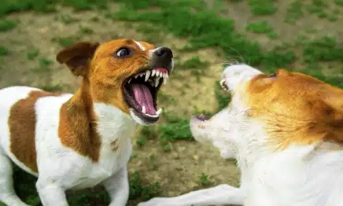 Two dogs baring their teeth at each other and growling menacingly.