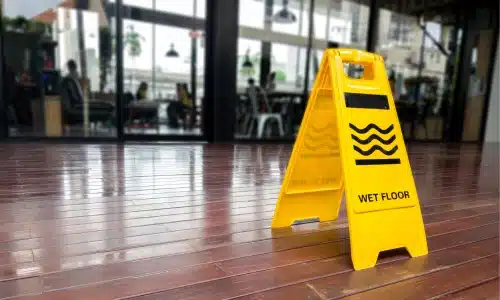 A yellow wet floor sign on the wooden floor of a restaurant.