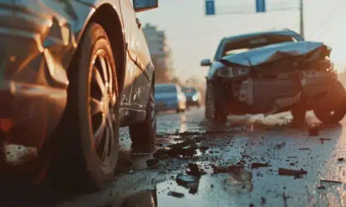 Two badly damaged cars after a collision on the road, relevant to a Savannah hit and run lawyer.