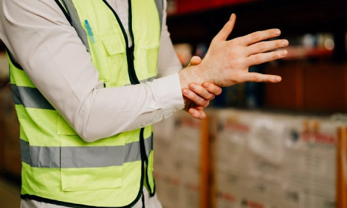 A worker in a high-visibility safety vest holds their injured wrist in a warehouse, symbolizing a workplace injury related to a workers’ compensation claim.