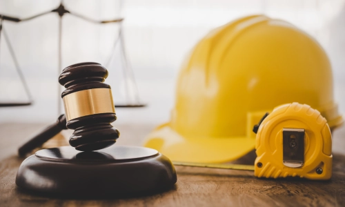 Judge’s gavel near a yellow hard hat and measuring tape, representing a Columbus construction accident lawyer.