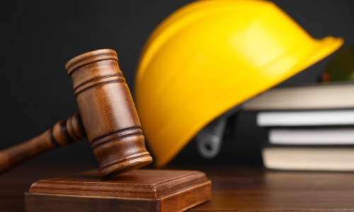 Wooden gavel resting on a desk next to a yellow construction hard hat and stacked books, symbolizing a legal case related to workers' compensation.