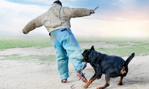 A photo of a dog aggressively biting a man's leg, which may potentially cause injuries that may require legal guidance from a dog bite lawyer serving Houston residents.