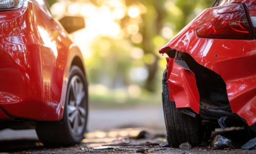Two red cars with visible damage from a collision — one with a crumpled rear bumper and debris on the ground, suggesting a rear-end crash potentially caused by drunk driving.