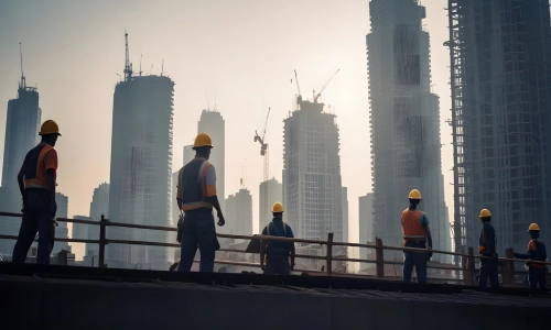 Construction workers wearing safety gear on a high-rise building site at sunset, surrounded by skyscrapers and cranes depicting potential hazards that could lead to a worker acciden