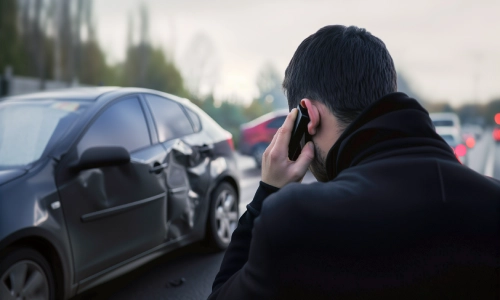 A man making a call to a California Uber accident lawyer immediately after being involved in a crash caused by an Uber driver.