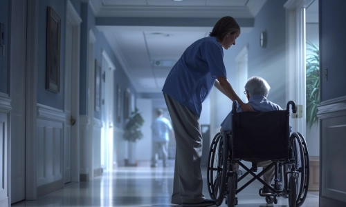 A nurse is assisting an elderly woman in the corridor of a nursing facility as they awaits the arrival of a California nursing home abuse lawyer.