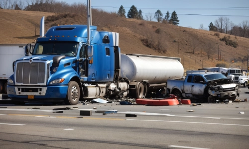 A photo of a truck involved in a traffic accident on the highway, which may possibly require legal attention from a California truck accident lawyer.