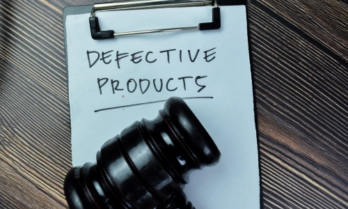 A clip binder folder containing a paper printed with the words ‘defective product,’ with a gavel placed on top, lying on a desk.