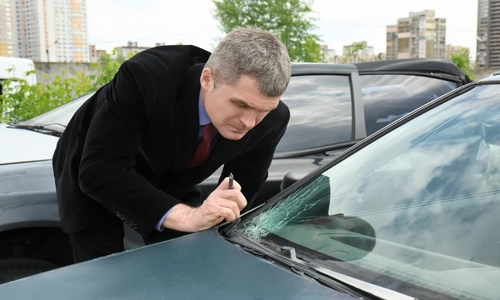 A Nogales hit-and-run lawyer examining a vehicle following an accident.