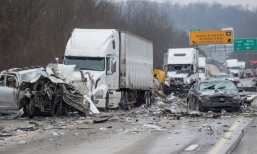 A scene of a commercial truck accident involving a collision between multiple cars and a commercial truck with all of them broken