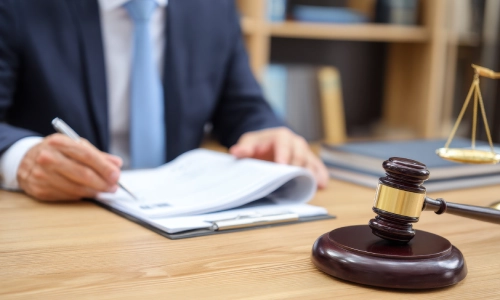 A dog bite lawyer reviewing dog bite laws in Riverside printed on sheets of paper inside their Riverside law office