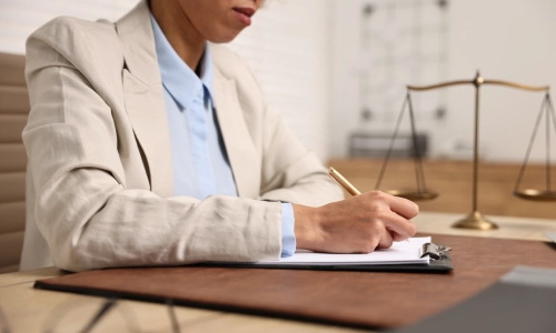 A Tempe drunk driving accident lawyer working on documentation on her clipboard.