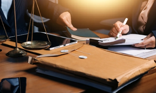A Tempe negligence lawyer and a client at a desk with case documents in the foreground.