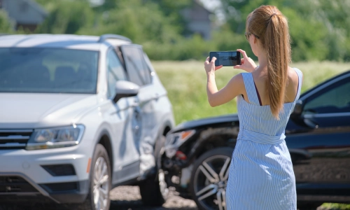 A young woman was taking a photograph of her vehicle and the accident scene as instructed by a Tucson distracted driving accident lawyer after a minor collision.