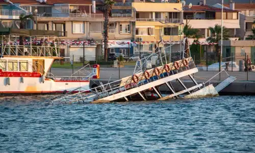 A boat sinking in the water during a maritime accident.
