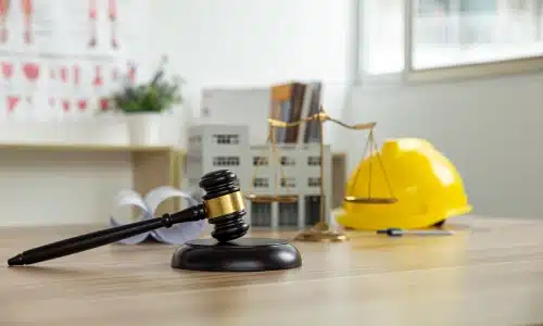 A gavel, scales of justice, and an engineer’s hard hat on a law office table.