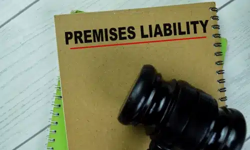 A premises liability law book on a table beside a judge’s gavel.