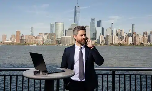 A photo of a Manhattan defective product lawyer waiting to meet a client outside an office.